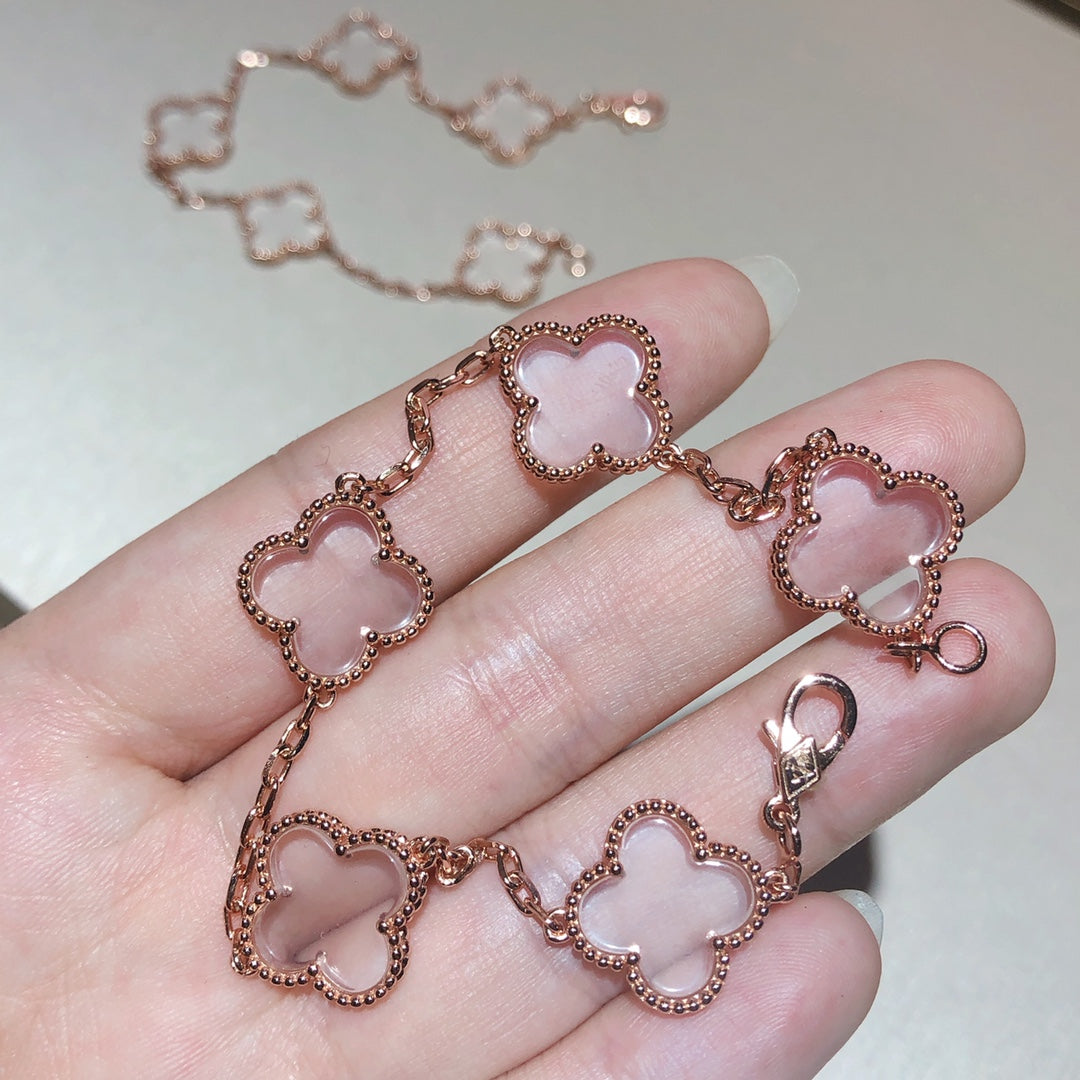 [Rosla Jewelry]CLOVER 5 MOTIF ROCK CRYSTAL PINK GOLD BRACELET