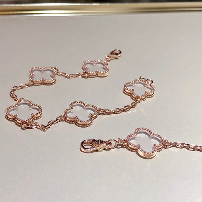 [Rosla Jewelry]CLOVER 5 MOTIF ROCK CRYSTAL PINK GOLD BRACELET