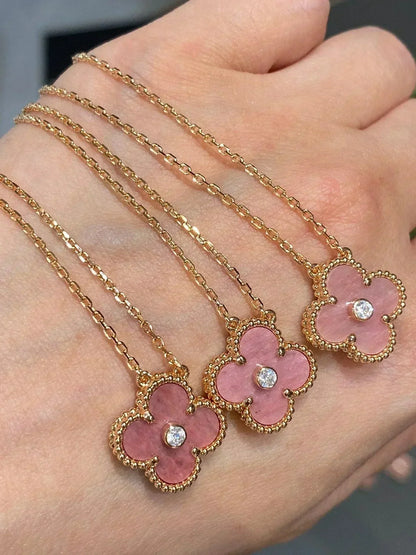 [Rosla Jewelry]CLOVER 15MM DIAMOND RHODONITE NECKLACE