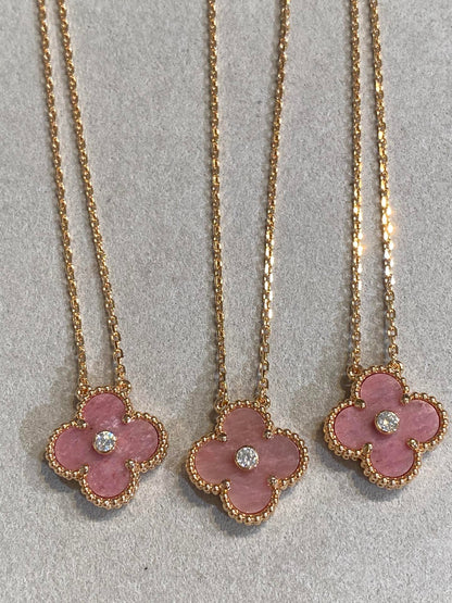 [Rosla Jewelry]CLOVER 15MM DIAMOND RHODONITE NECKLACE