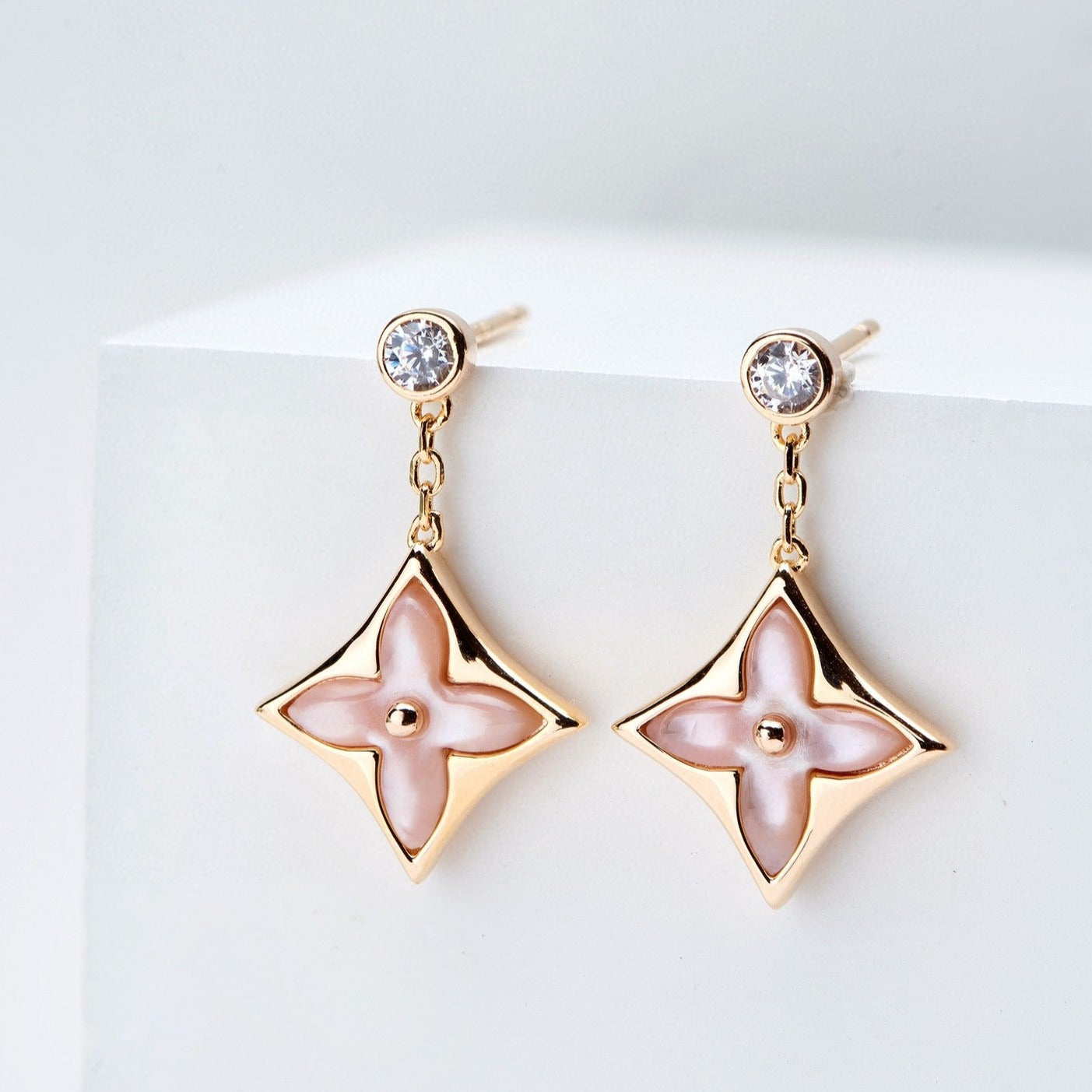 [Rosla Jewelry]DOUBLE STAR PINK GOLD MOP DROP EARRINGS