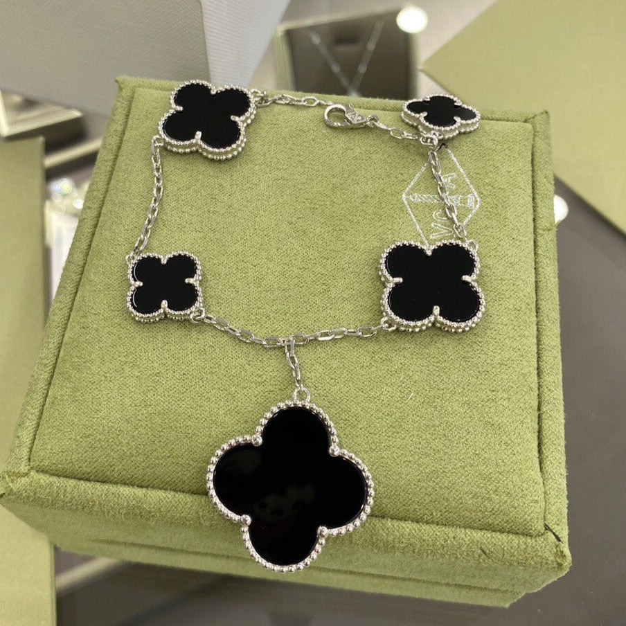 [Rosla Jewelry]CLOVER 5 MOTIFS SIVLER ONYX BRACELET