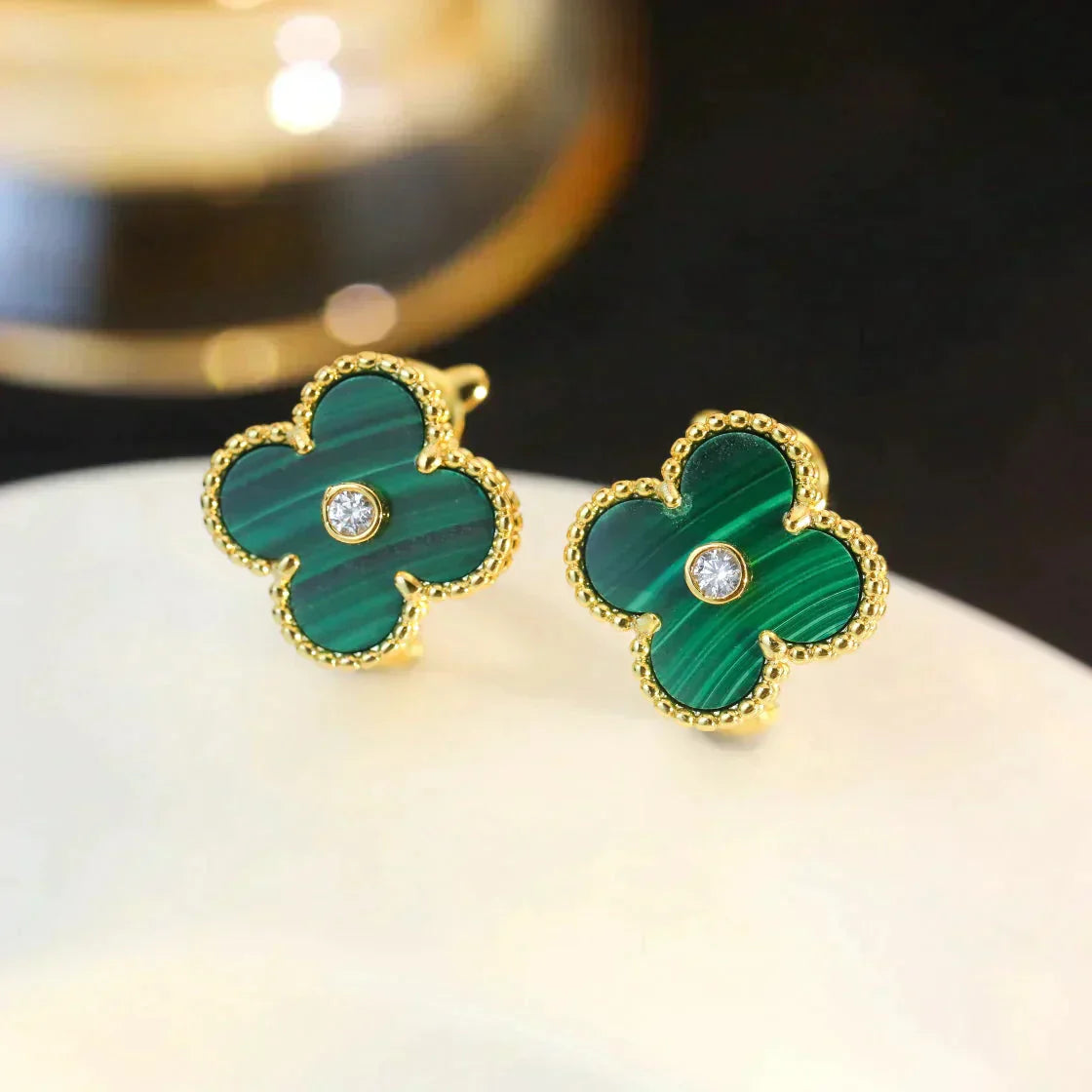 [Rosla Jewelry]CLOVER MEDIUM 1 MOTIFS MALACHITE DIAMOND EARRINGS