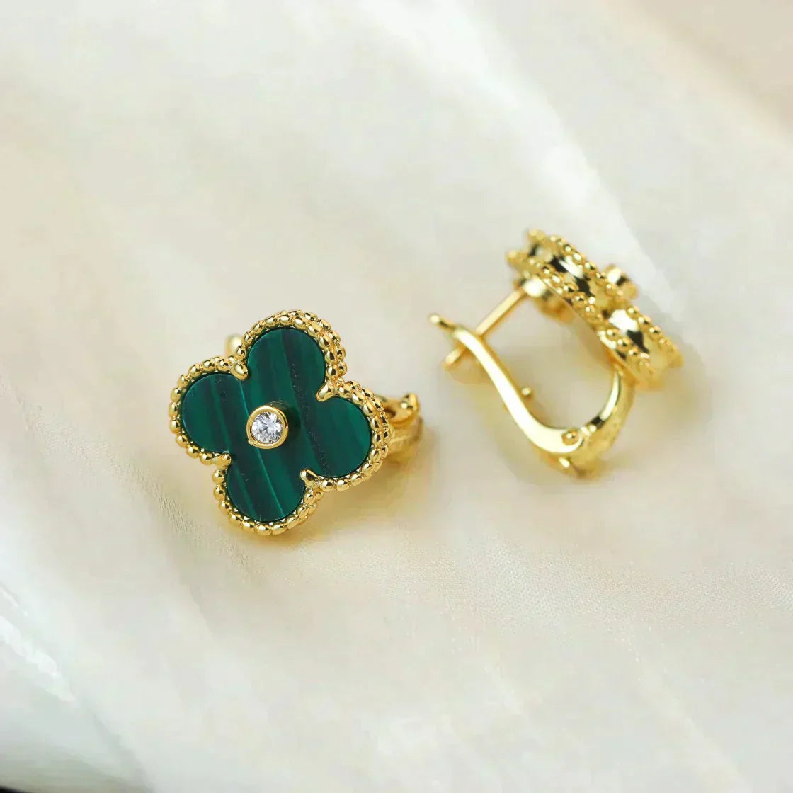 [Rosla Jewelry]CLOVER MEDIUM 1 MOTIFS MALACHITE DIAMOND EARRINGS