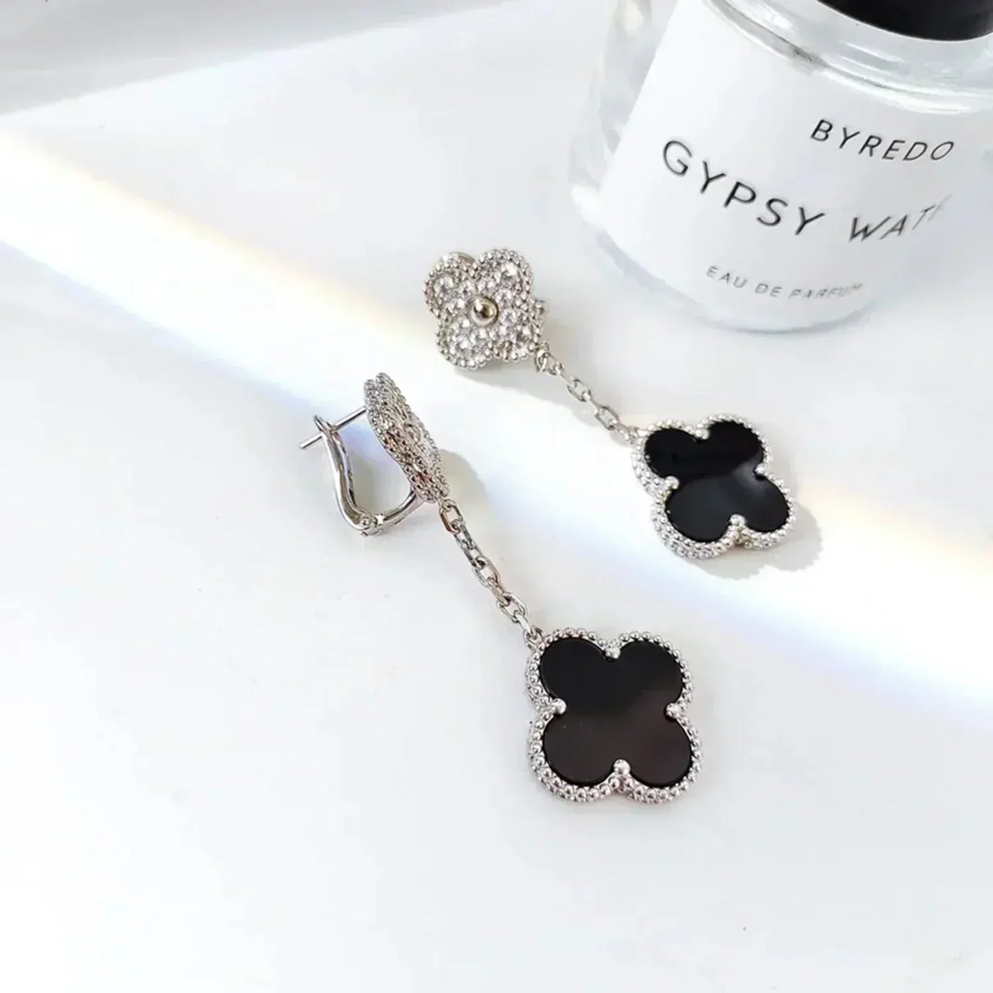 [Rosla Jewelry]CLOVER 2 MOTIFS  DIAMOND ONYX EARRINGS SILVER