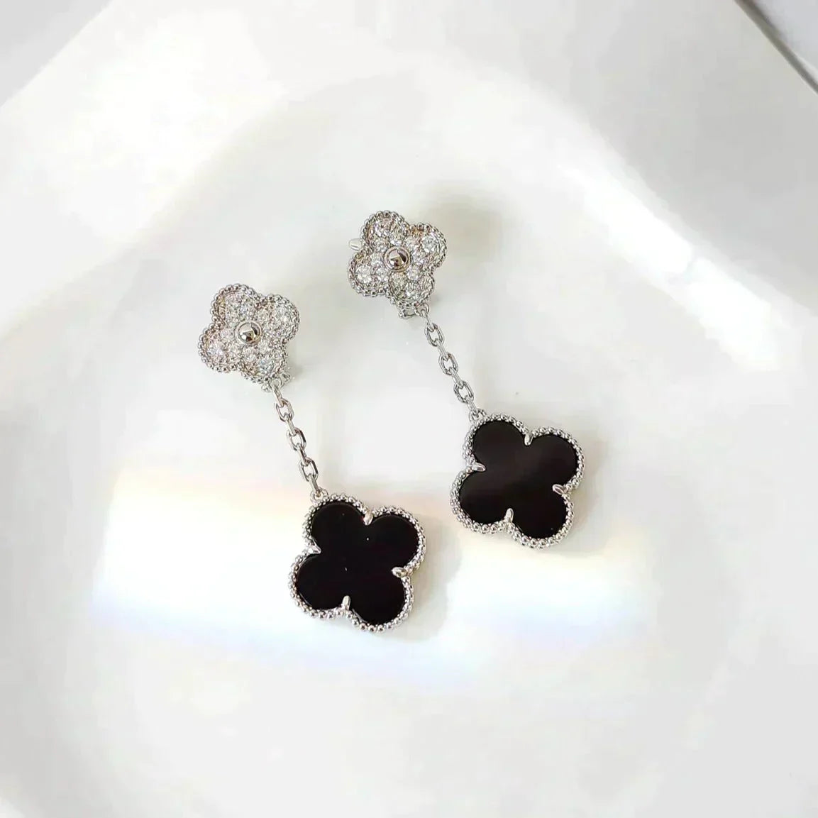 [Rosla Jewelry]CLOVER 2 MOTIFS  DIAMOND ONYX EARRINGS SILVER