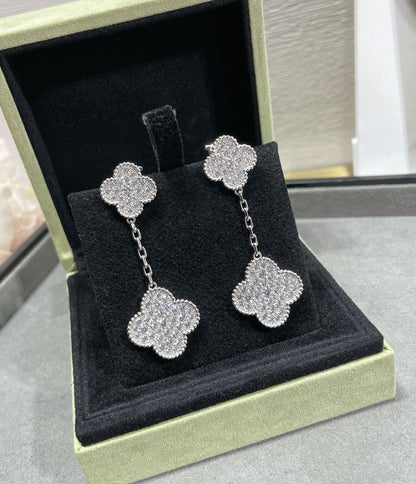 [Rosla Jewelry]CLOVER 2 MOTIFS DIAMOND PAVED SILVER EARRINGS