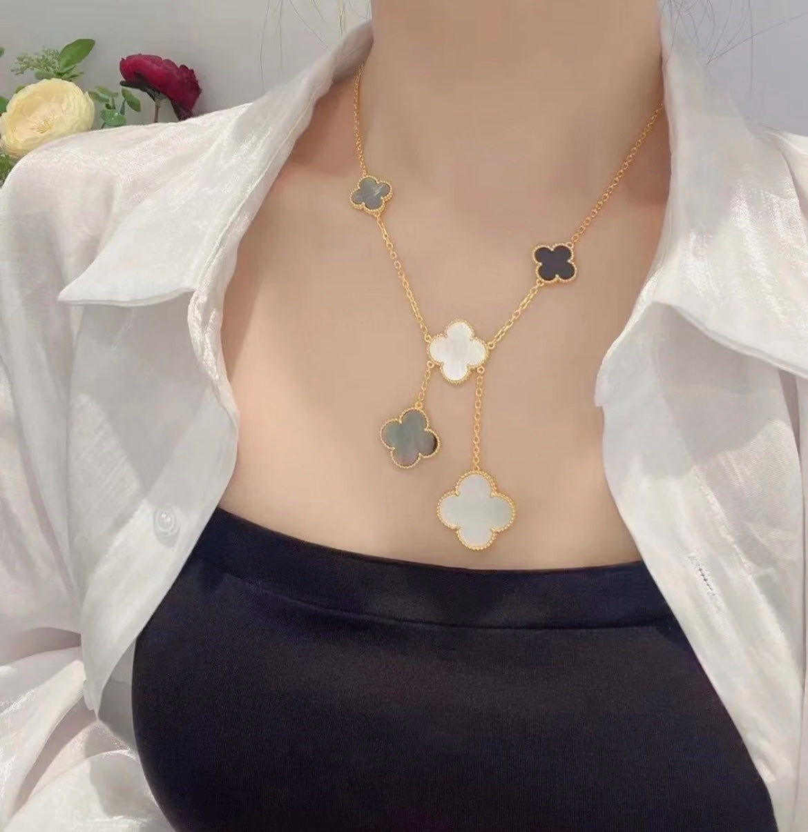 [Rosla Jewelry]CLOVER 6 MOTIF MOP ONYX GOLD NECKLACE