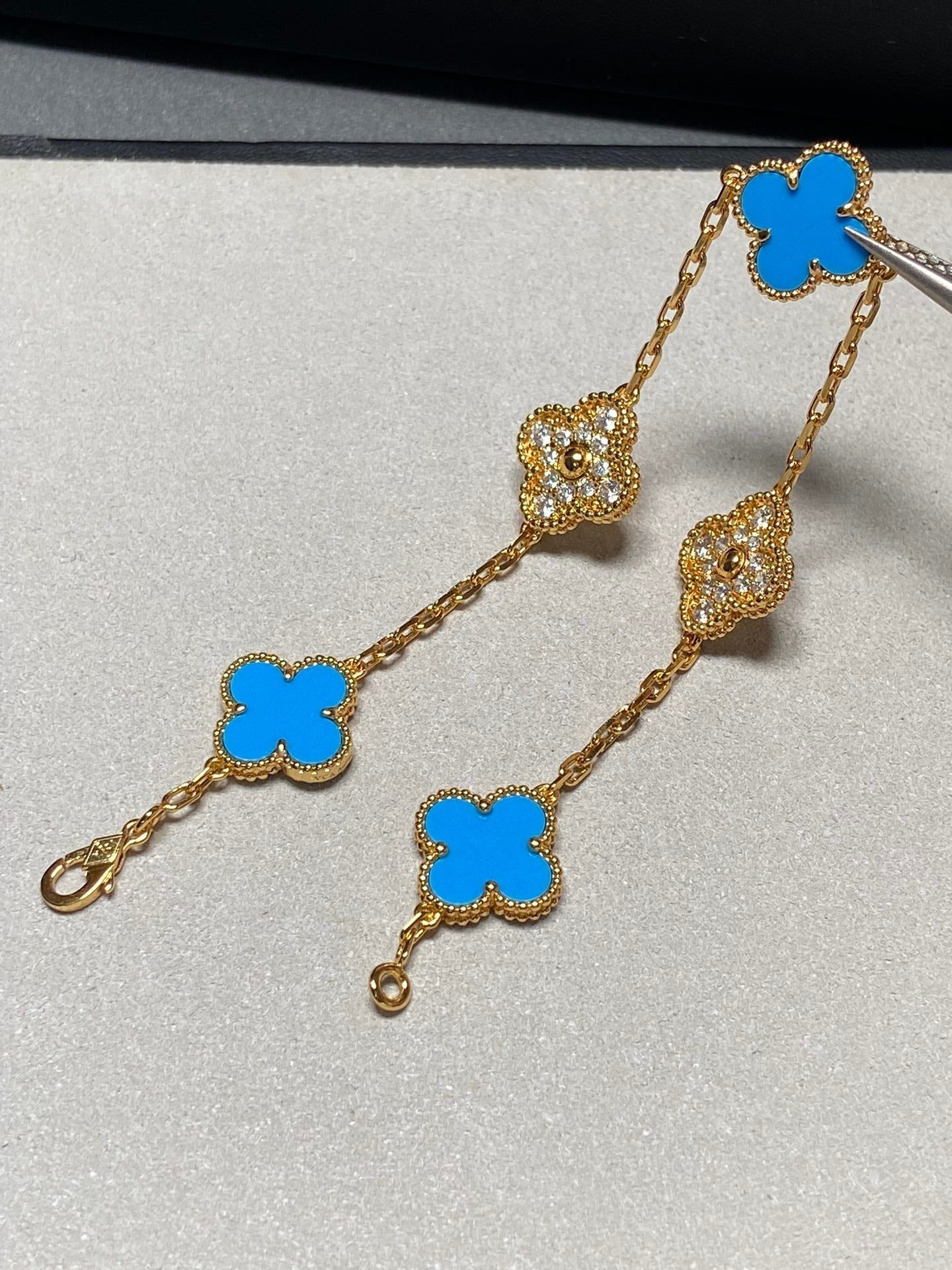 [Rosla Jewelry]CLOVER 5 MOTIF BLUE CHALCEDONY DIAMOND GOLD BRACELET