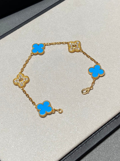 [Rosla Jewelry]CLOVER 5 MOTIF BLUE CHALCEDONY DIAMOND GOLD BRACELET