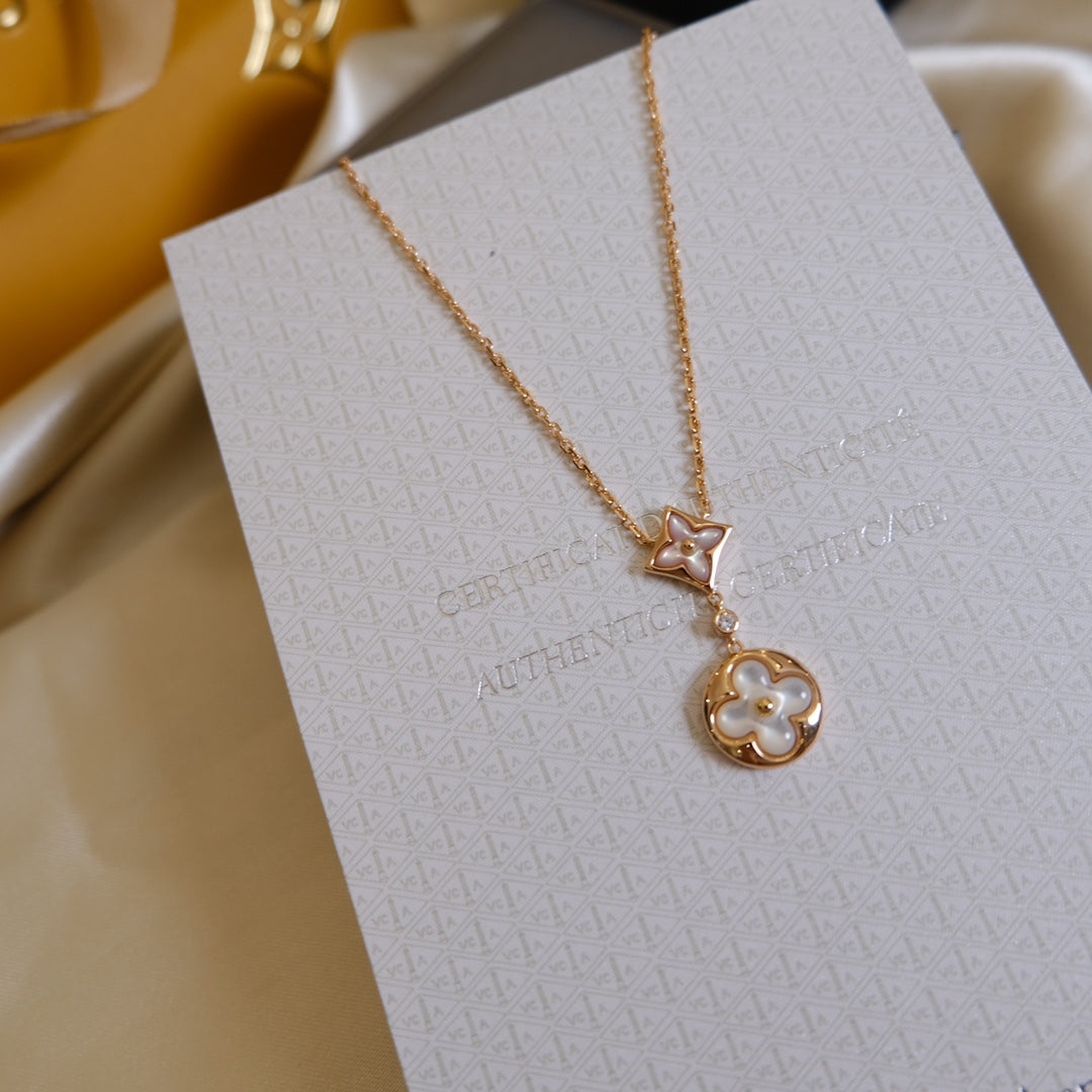 [Rosla Jewelry]STAR AND SUN WHITE MOP 2 MOTIF PINK GOLD NECKLACE