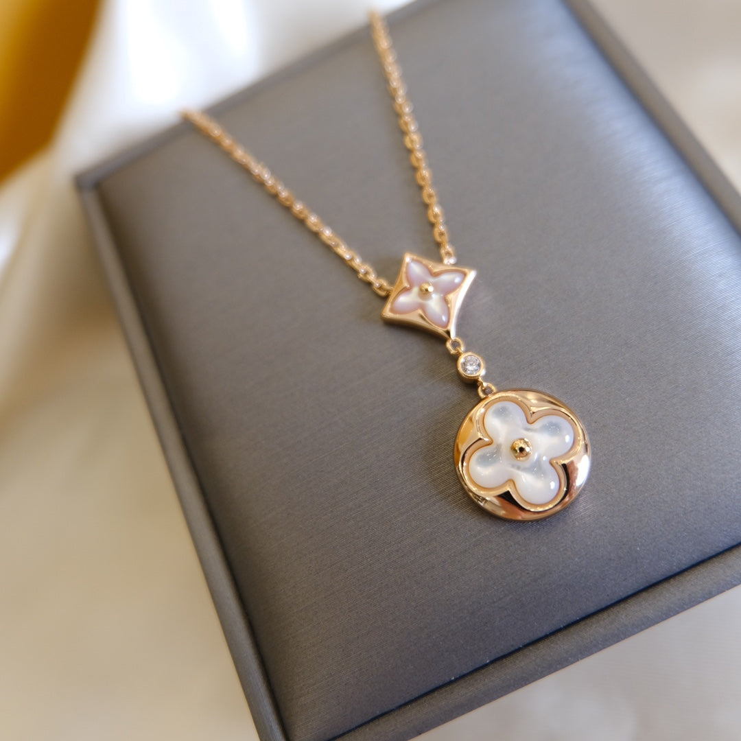 [Rosla Jewelry]STAR AND SUN WHITE MOP 2 MOTIF PINK GOLD NECKLACE