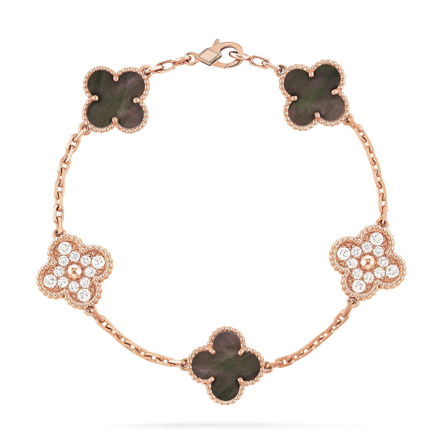 [Rosla Jewelry]CLOVER 5 MOTIFS DARK MOP AND DIAMONDS PINK GOLD BRACELET