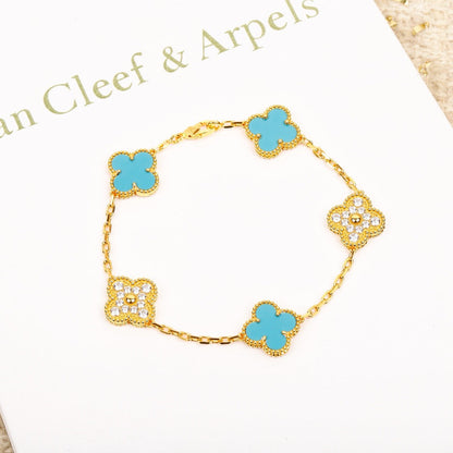 [Rosla Jewelry]CLOVER 5 MOTIF TURQUOISE DIAMOND GOLD BRACELET