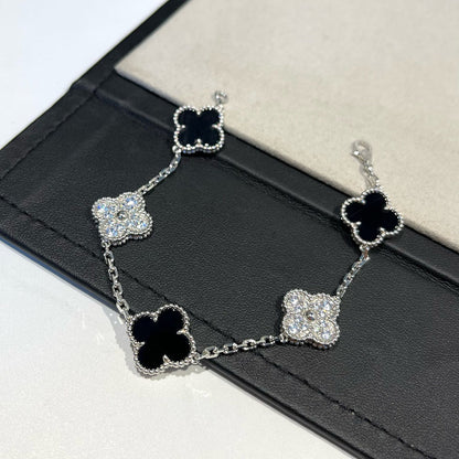 [Rosla Jewelry]CLOVER 5 MOTIF ONYXS DIAMOND BRACELET SILVER