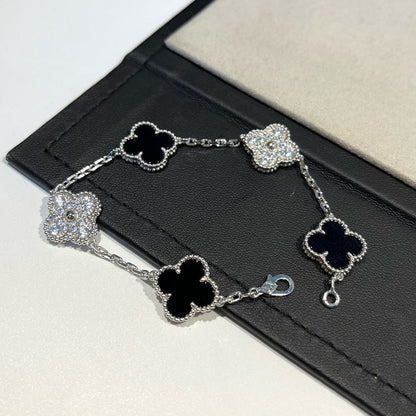 [Rosla Jewelry]CLOVER 5 MOTIF ONYXS DIAMOND BRACELET SILVER