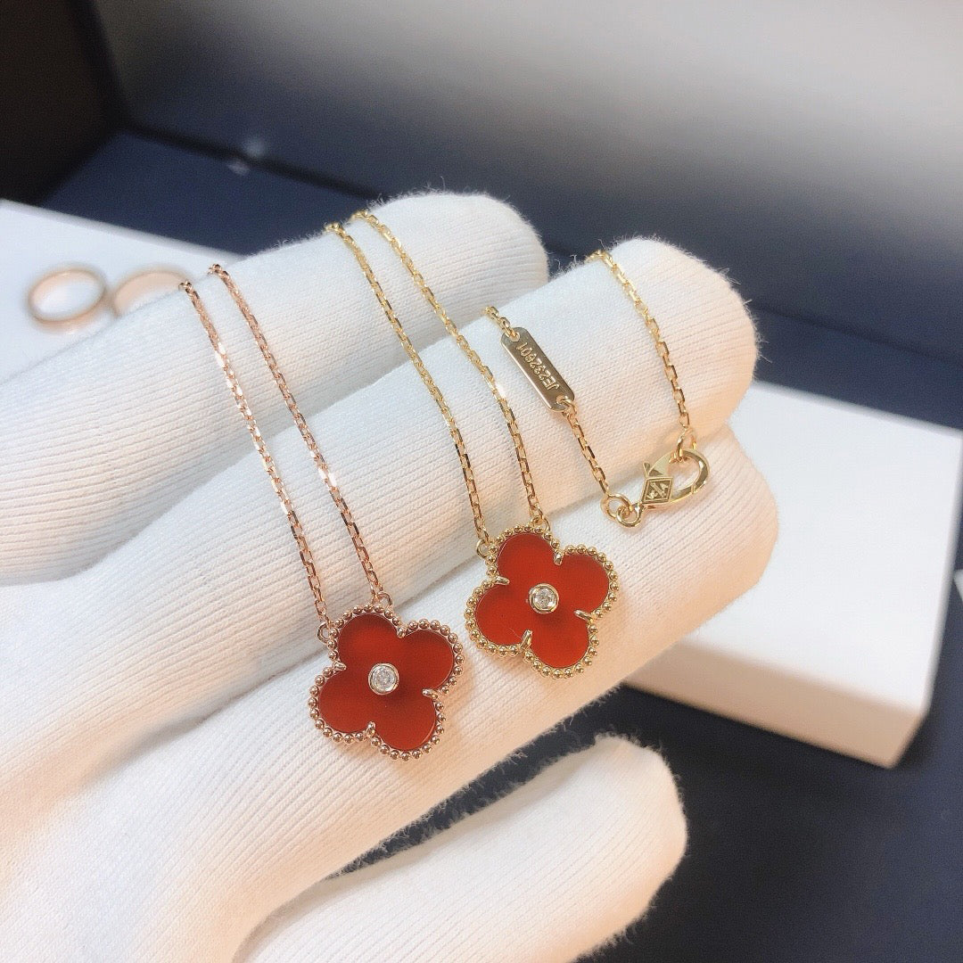 [Rosla Jewelry]CLOVER 15MM DIAMOND CARNELIAN NECKLACE