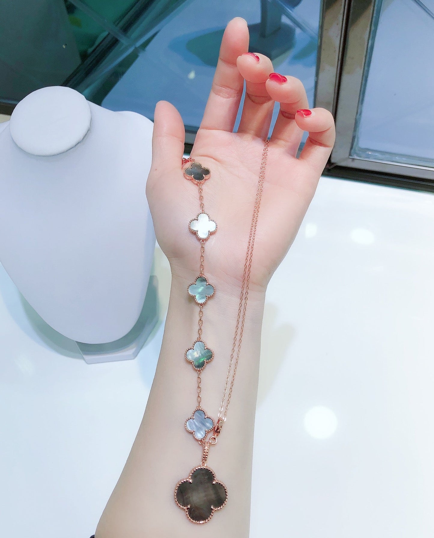 [Rosla Jewelry]COMBINED BRACELET 5 MOTIFS AND NECKLACE DARK MOP ROSE GOLD