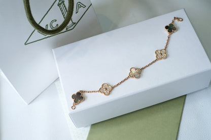 [Rosla Jewelry]CLOVER 5 MOTIFS DARK MOP AND DIAMONDS PINK GOLD BRACELET