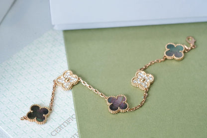 [Rosla Jewelry]CLOVER 5 MOTIFS DARK MOP AND DIAMONDS PINK GOLD BRACELET