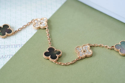 [Rosla Jewelry]CLOVER 5 MOTIFS DARK MOP AND DIAMONDS PINK GOLD BRACELET